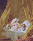 Картина художника «Девочка в постели, играющая с собачкой»