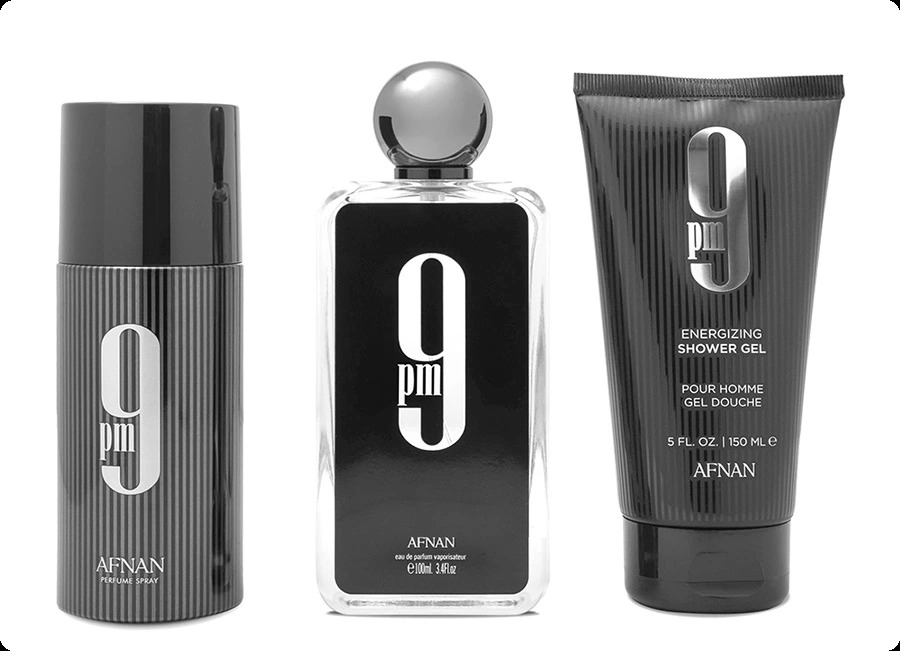 Afnan 9 PM Black Набор (парфюмерная вода 100 мл + гель для душа 150 мл + дезодорант-спрей 150 мл) для мужчин