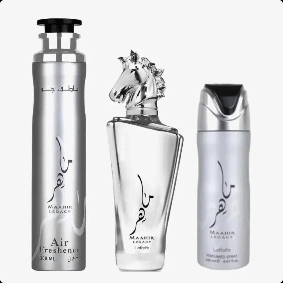 Lattafa Perfumes Maahir Legacy Набор (парфюмерная вода (уценка) 100 мл + аромат для дома (уценка) 300 мл + спрей для тела (уценка) 200 мл) для женщин и мужчин