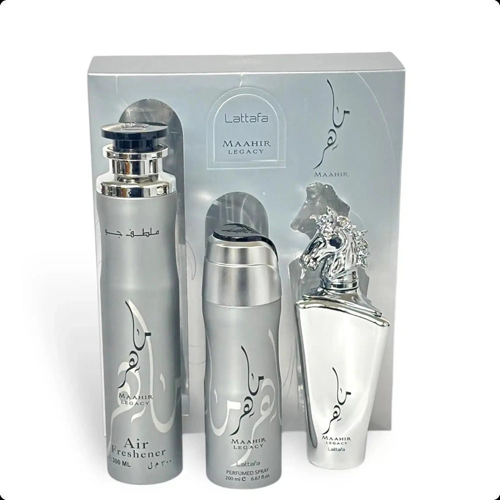 Lattafa Perfumes Maahir Legacy Набор (парфюмерная вода 100 мл + аромат для дома 300 мл + спрей для тела 200 мл) для женщин и мужчин