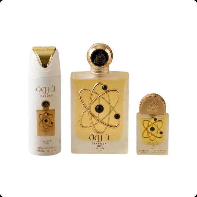 Lattafa Perfumes Tharwah Gold Набор (парфюмерная вода 100 мл + парфюмерная вода 20 мл + дезодорант-спрей 200 мл) для женщин и мужчин
