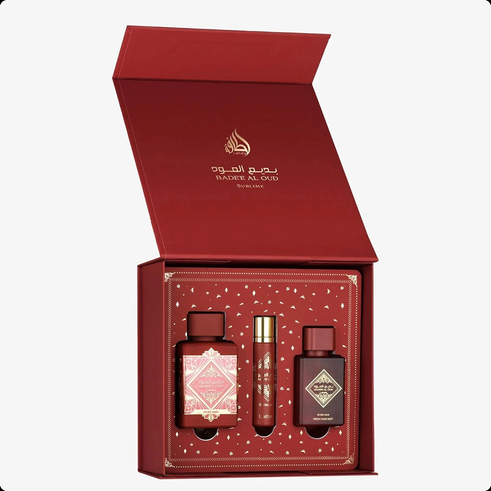 Lattafa Perfumes Badee Al Oud Sublime Набор (парфюмерная вода 100 мл + парфюмерная вода 12 мл + дымка для волос 50 мл) для женщин и мужчин