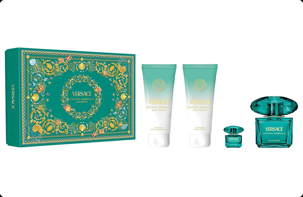 Versace Crystal Emerald Набор (парфюмерная вода 90 мл + парфюмерная вода 5 мл + гель для душа 100 мл + лосьон для тела 100 мл) для женщин