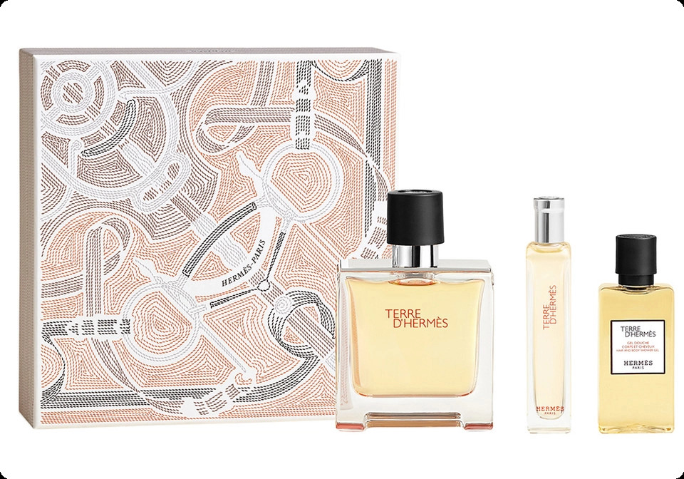 Hermes Terre d Hermes Parfum Набор (духи 75 мл + духи 15 мл + гель для душа 40 мл) для мужчин