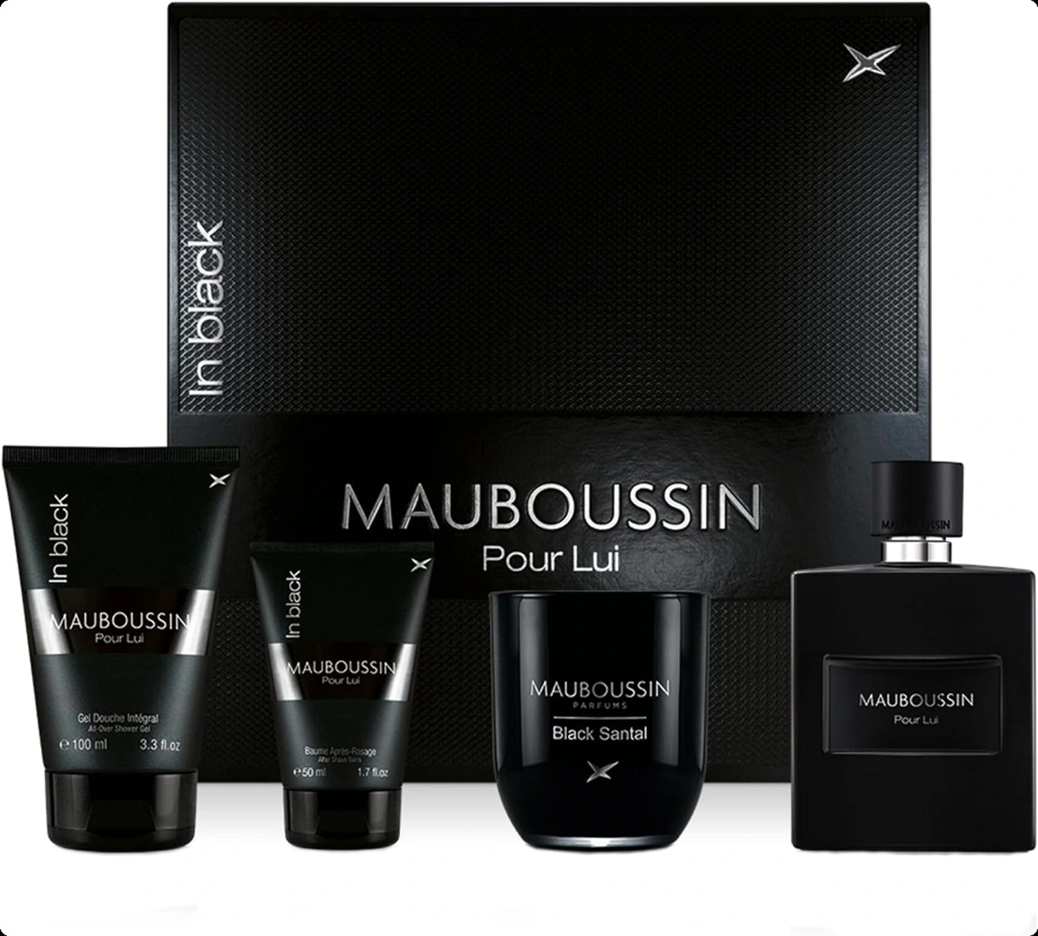 Mauboussin Pour Lui In Black Набор (парфюмерная вода 100 мл + гель для душа 100 мл + бальзам после бритья 50 мл + свеча 110 гр) для мужчин