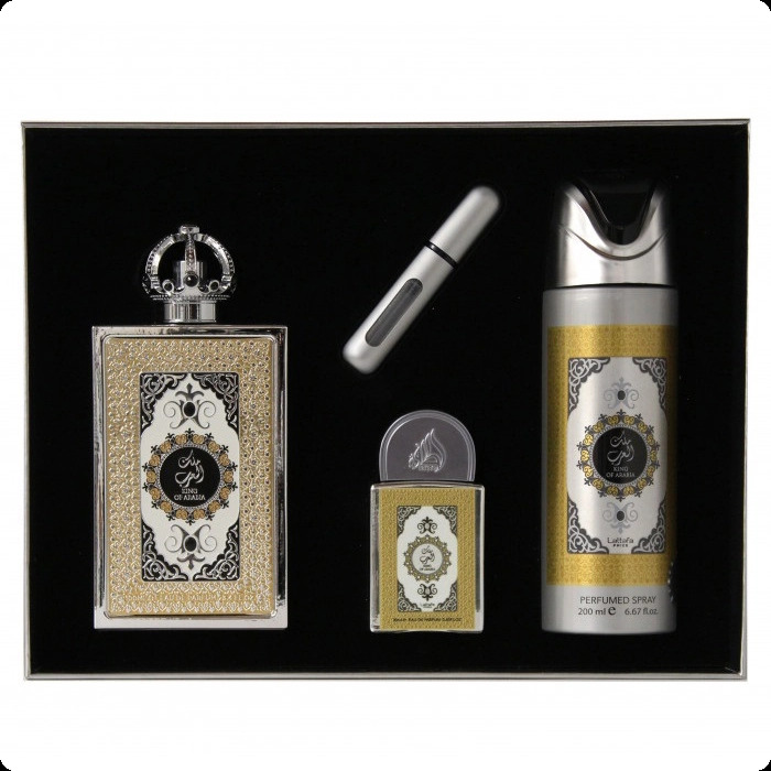 Lattafa Perfumes King of Arabia Набор (парфюмерная вода 100 мл + парфюмерная вода 20 мл + дезодорант-спрей 200 мл + аксессуар) для мужчин