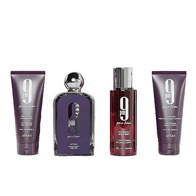Afnan 9 PM pour Femme Набор (парфюмерная вода 100 мл + гель для душа 100 мл + лосьон для тела 100 мл + дымка для тела 150 мл)